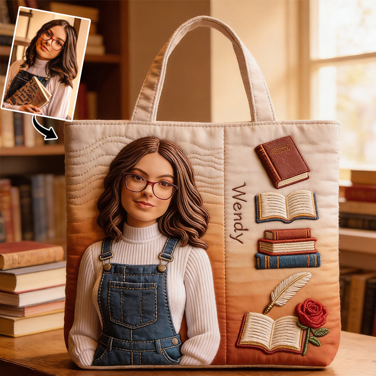 Personalized Quilted Tote Bag Photo Gift for Her - Book Lovers