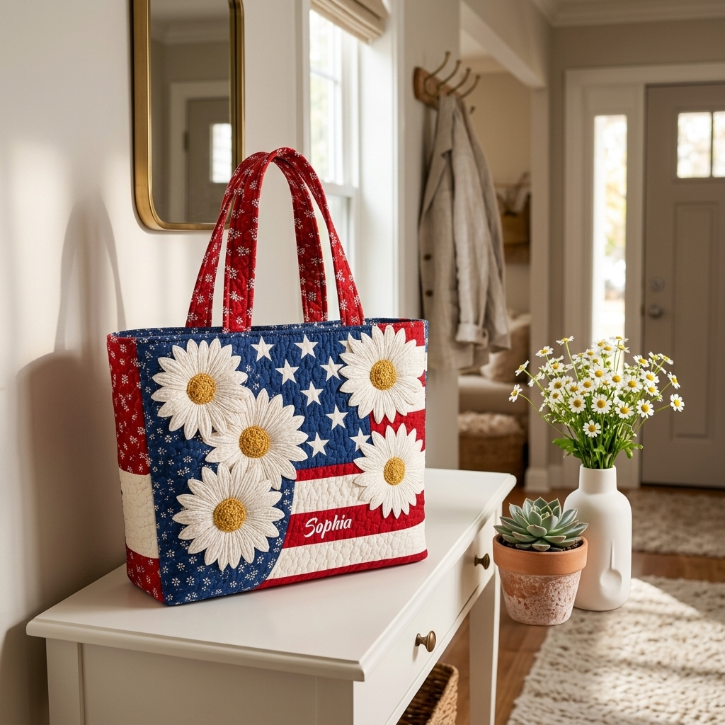Personalized American Flag Daisy Quilted Tote Bag - Gift for Her