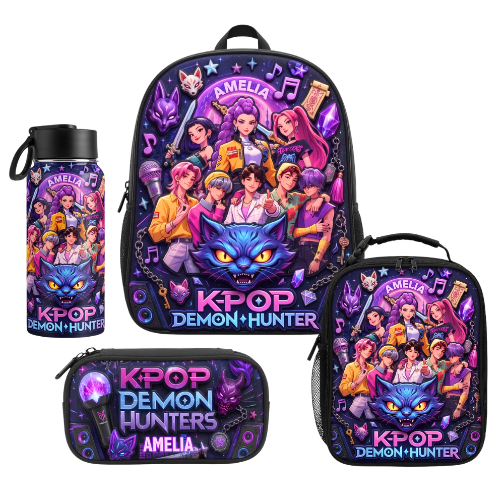 Personalized Cartoon Girl Backpack Set with Lunch Bag, Pencil Case & Water Bottle for Kids School Bag+ GradoCreations