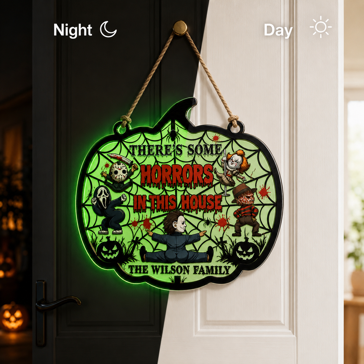 Personalized Luminous Halloween Sign with Family Name - Spooky Home Decor Luminous Wooden Sign GradoCreations