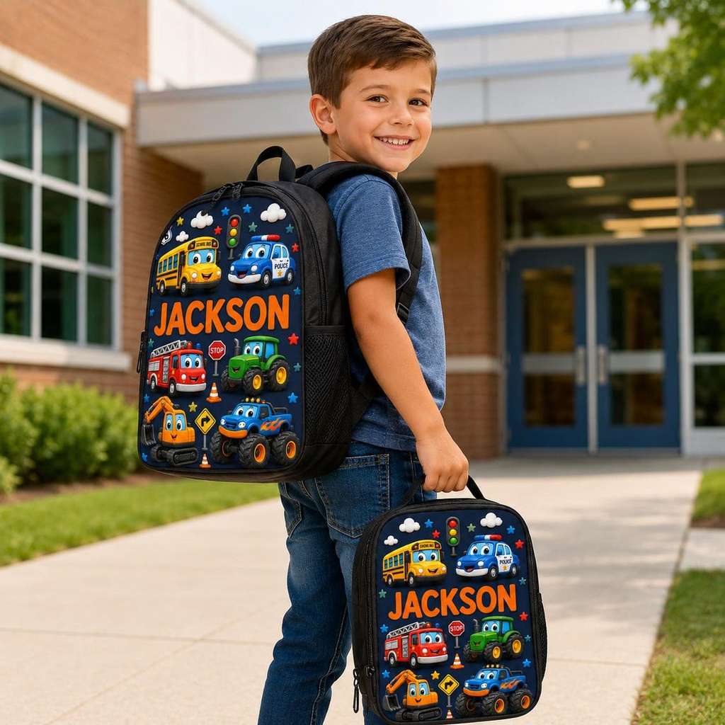 Personalized Vehicle-Themed Backpack Set for Kids - Custom Name School Bag, Lunch Bag, Pencil Case & Water Bottle