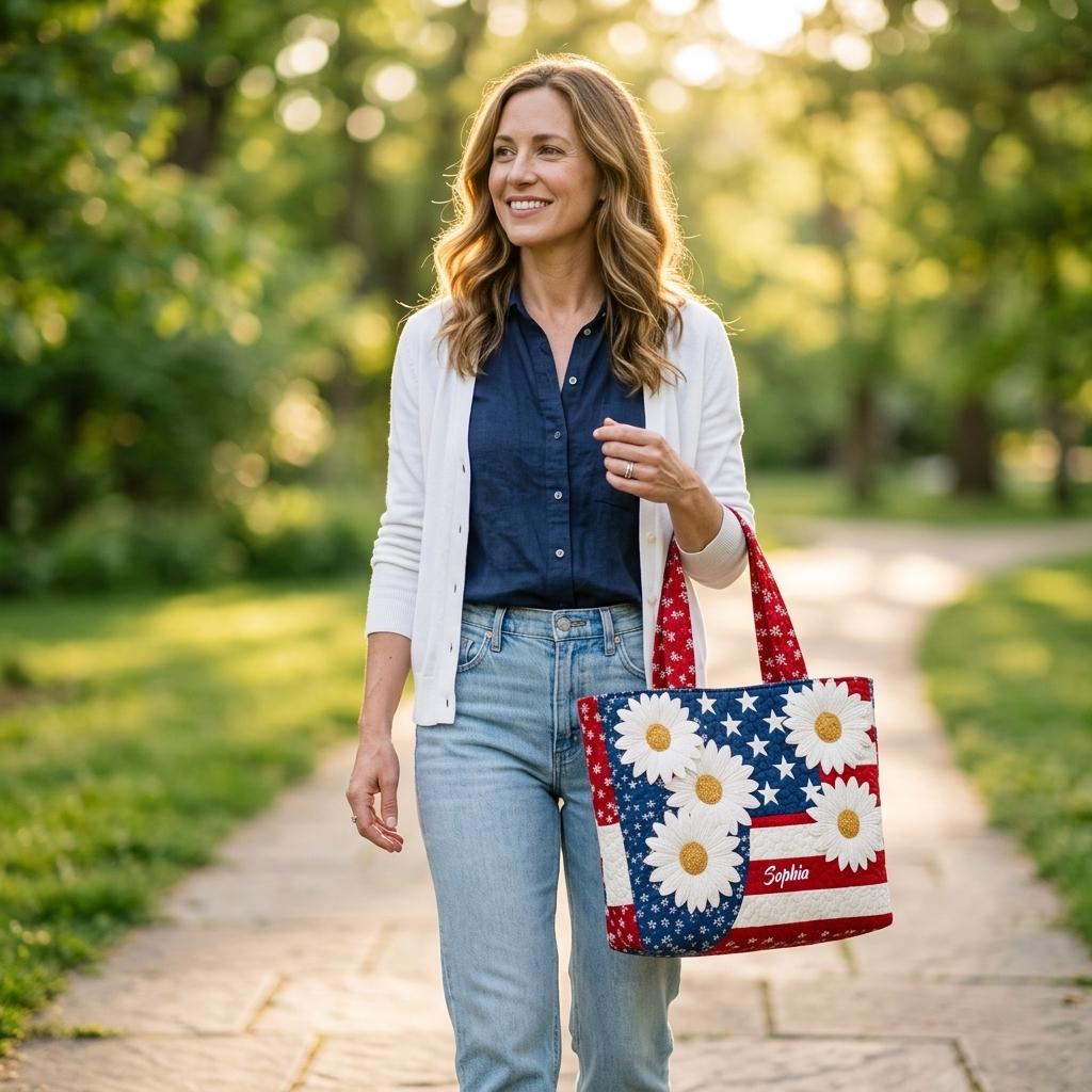 Personalized American Flag Daisy Quilted Tote Bag - Gift for Her