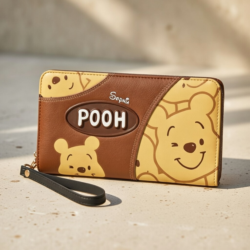 Personalized Leather Long Wallet with Pooh Design Gift Idea