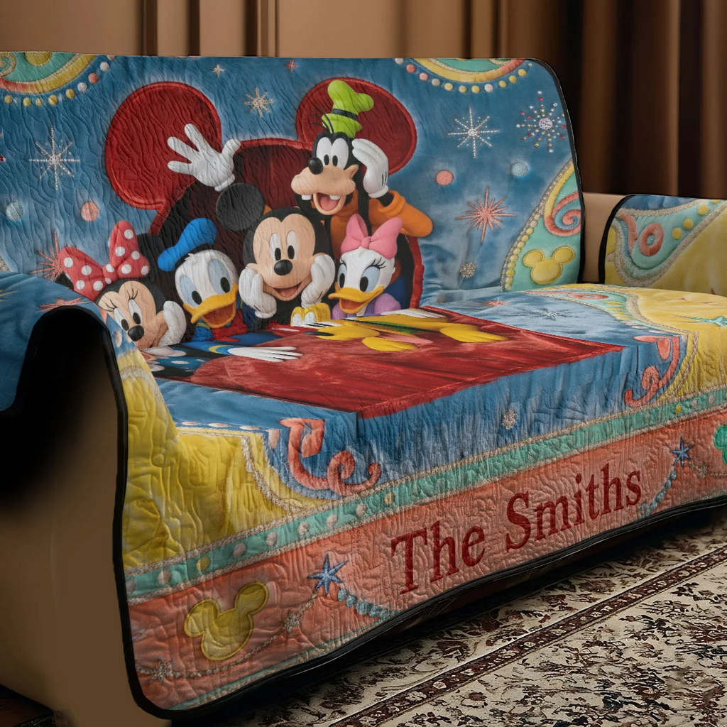Personalized Quilted Sofa Cover with Disney Characters | Custom Family Gift Quited Sofa Cover GradoCreations