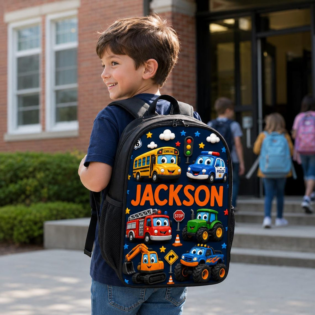 Personalized Vehicle-Themed Backpack Set for Kids - Custom Name School Bag, Lunch Bag, Pencil Case & Water Bottle