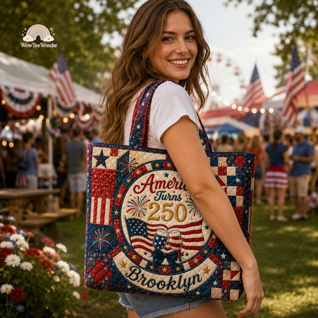 Personalized American Flag Quilted Tote Bag Custom Name Gift for Patriots