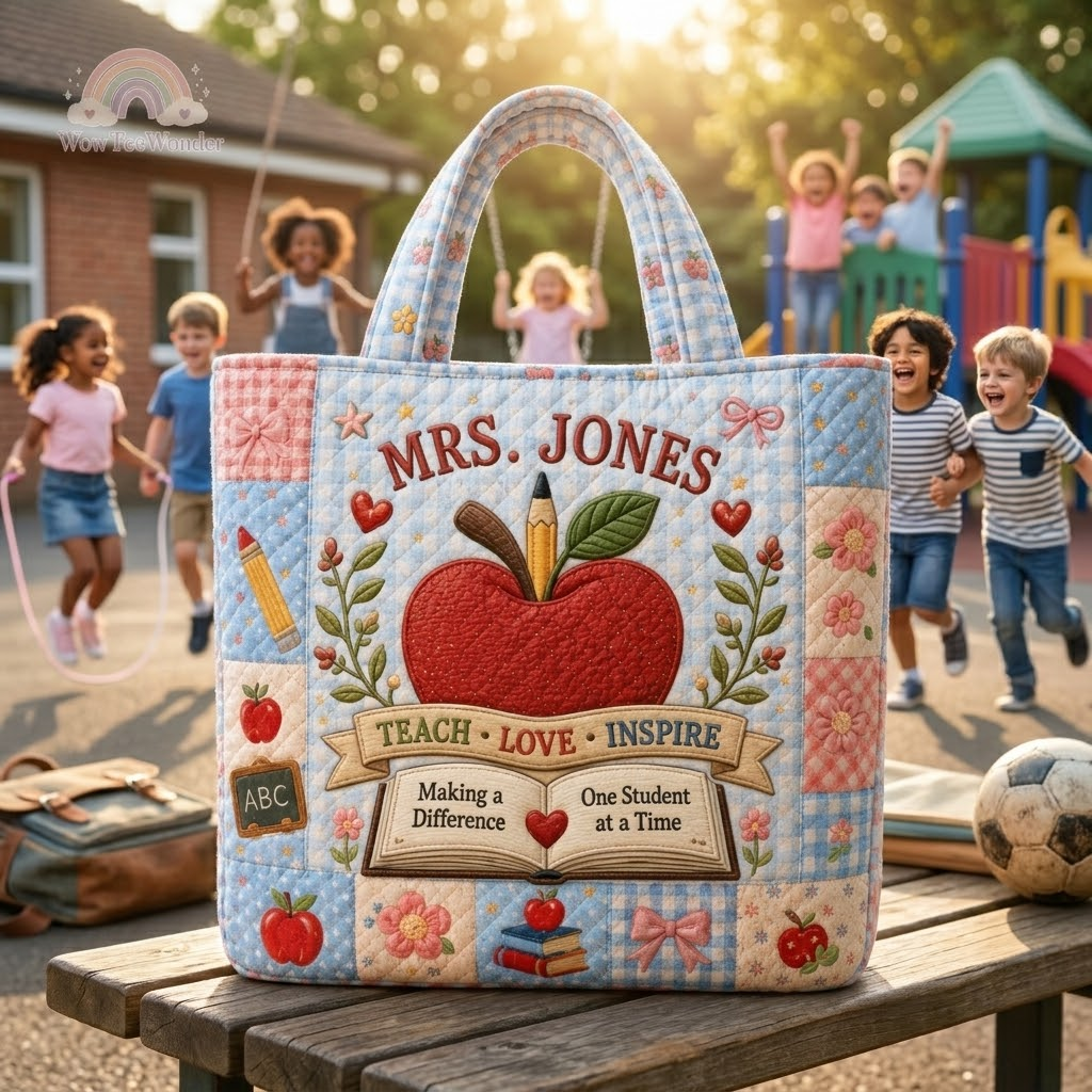 Personalized Quilted Tote Bag for Teacher with Custom Name - Gift for Back to School