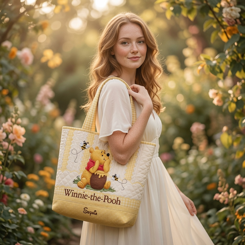 Personalized Quilted Tote Bag with Winnie the Pooh - Gift for Her