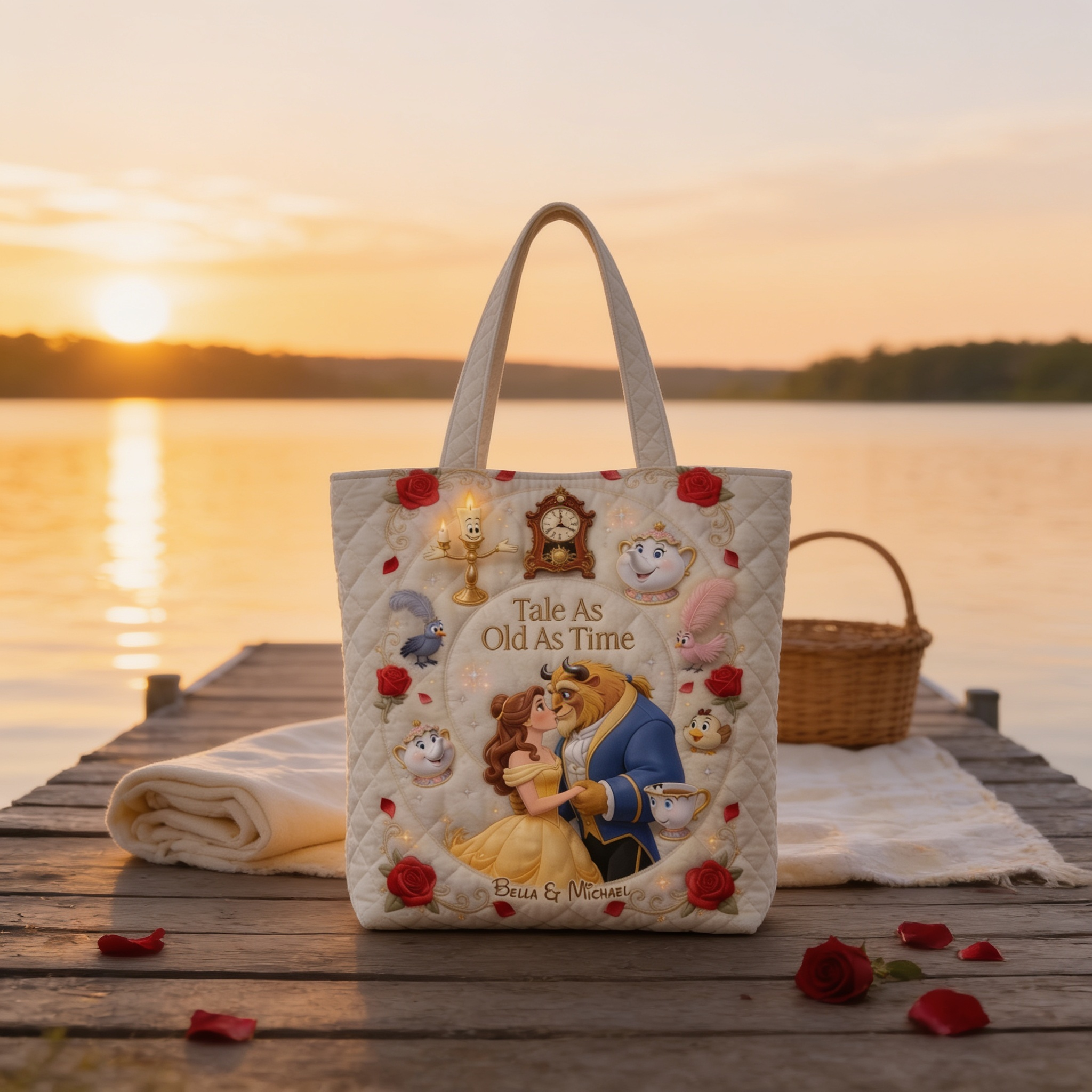Personalized Quilted Tote Bag - Tale As Old As Time Gift for Couple
