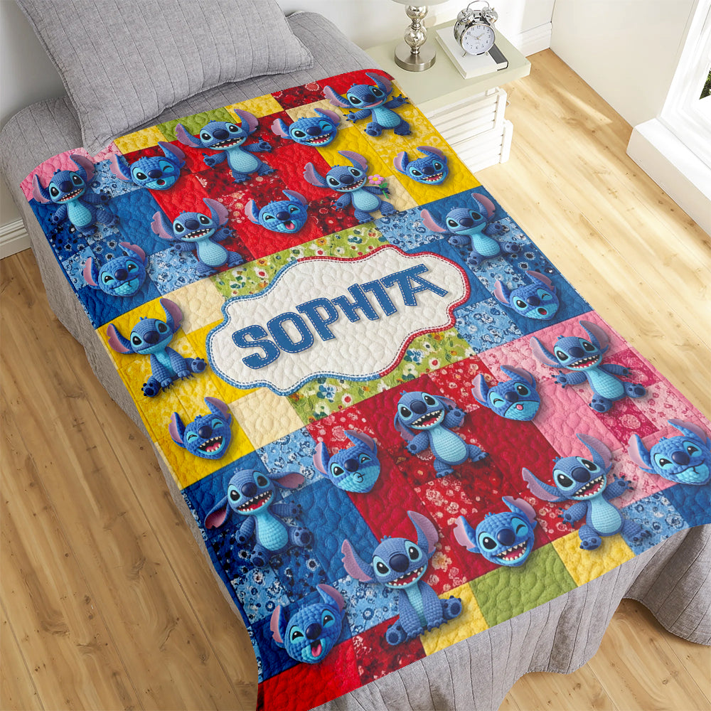 Personalized Cute Blue Stitch Blanket Custom Name Gift for Kids