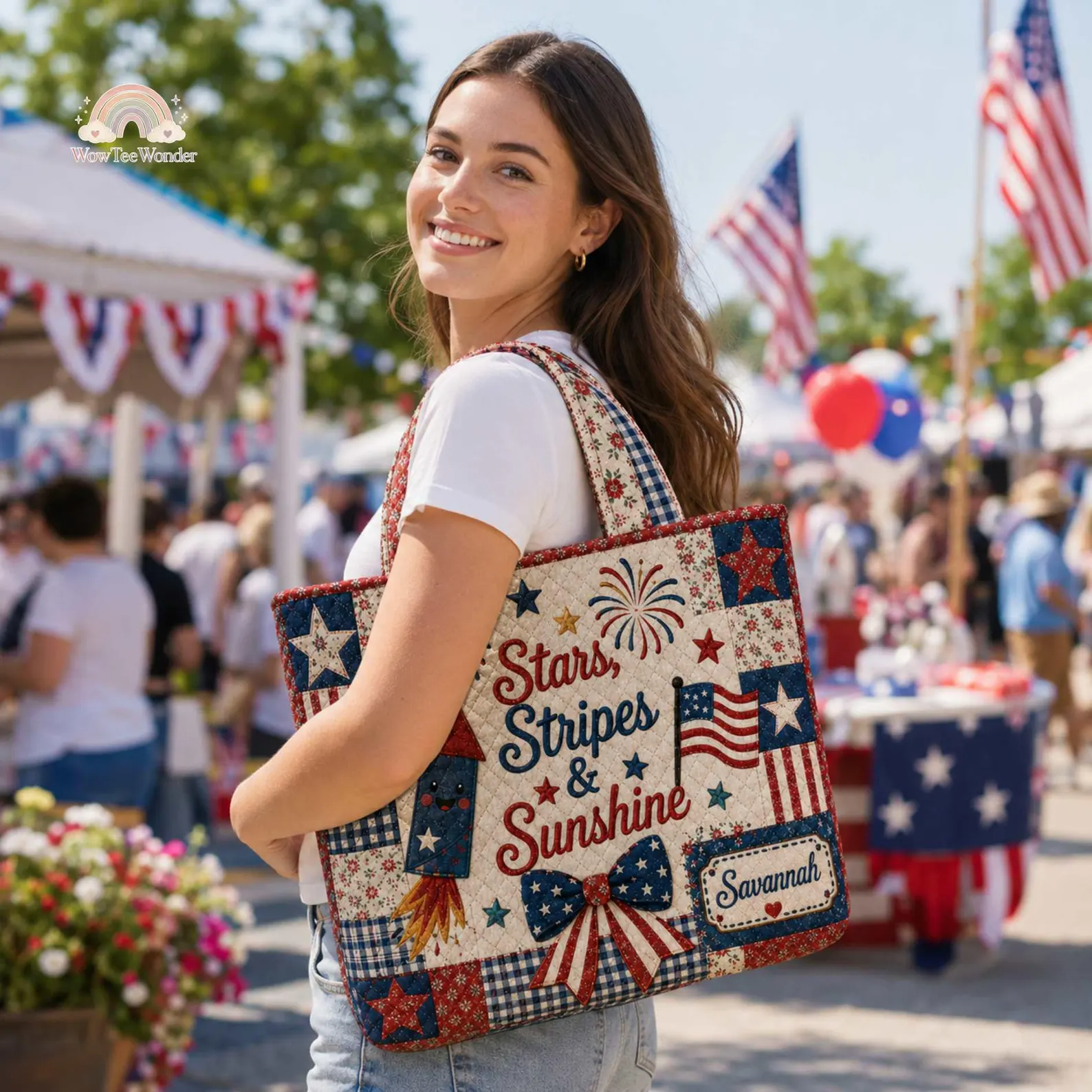Personalized USA Flag Quilted Tote Bag Custom Name Gift for Patriots