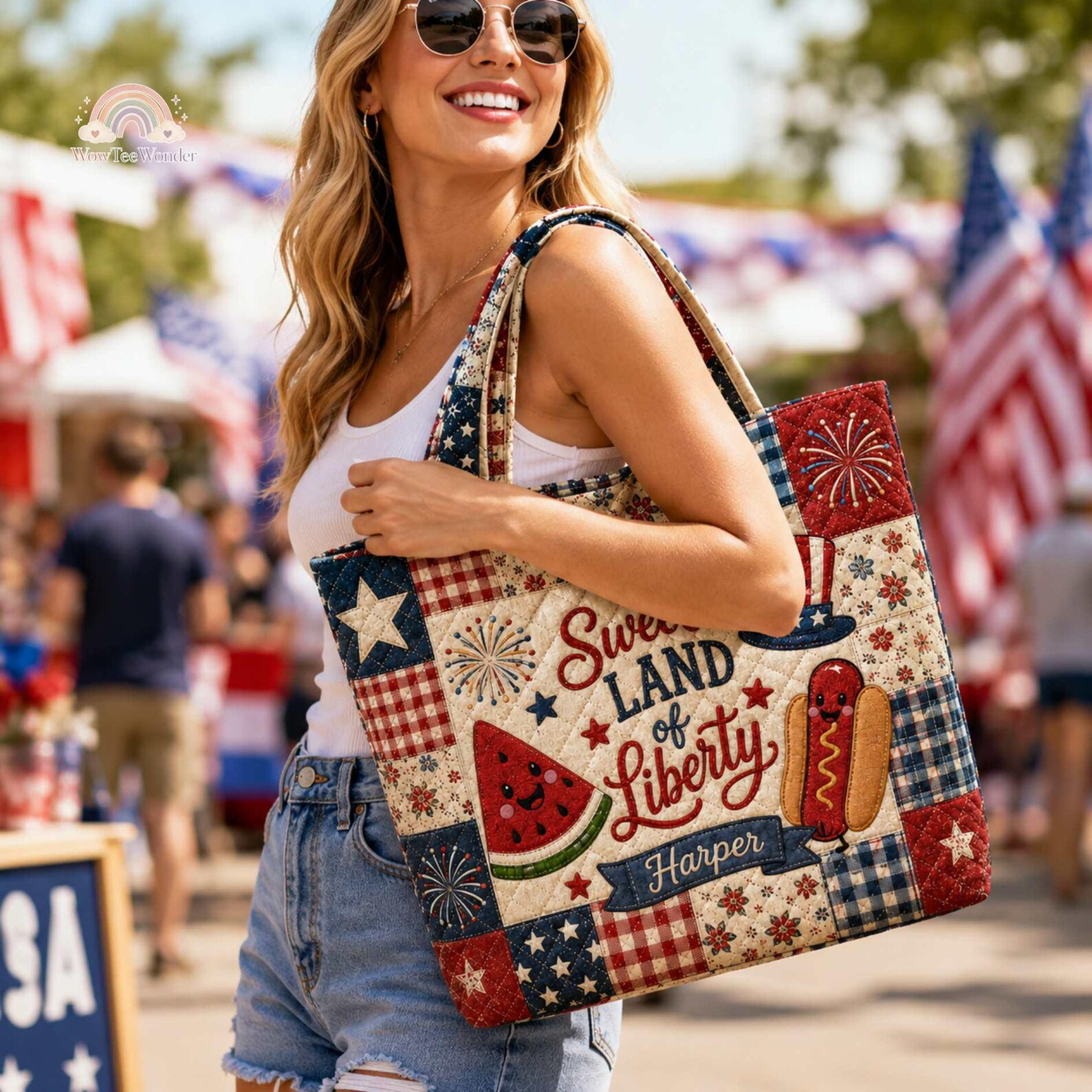 Personalized Quilted Tote Bag Custom Name Sweet Land of Liberty Gift for Independence Day
