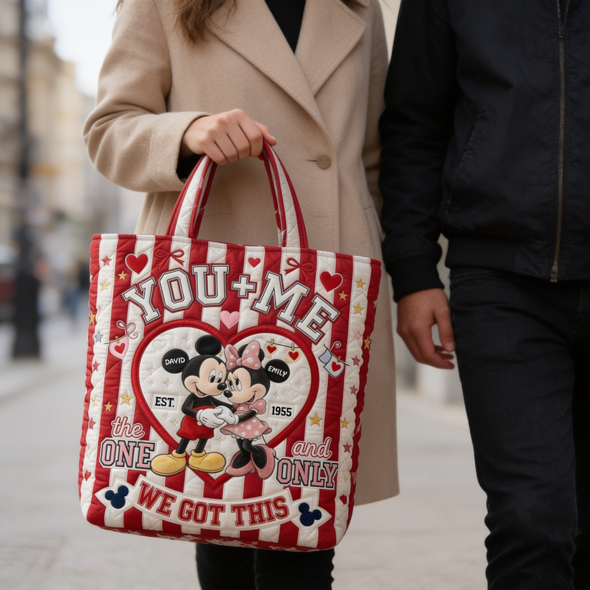 Personalized Quilted Tote Bag for Couples Gift - Custom Name Heart Design