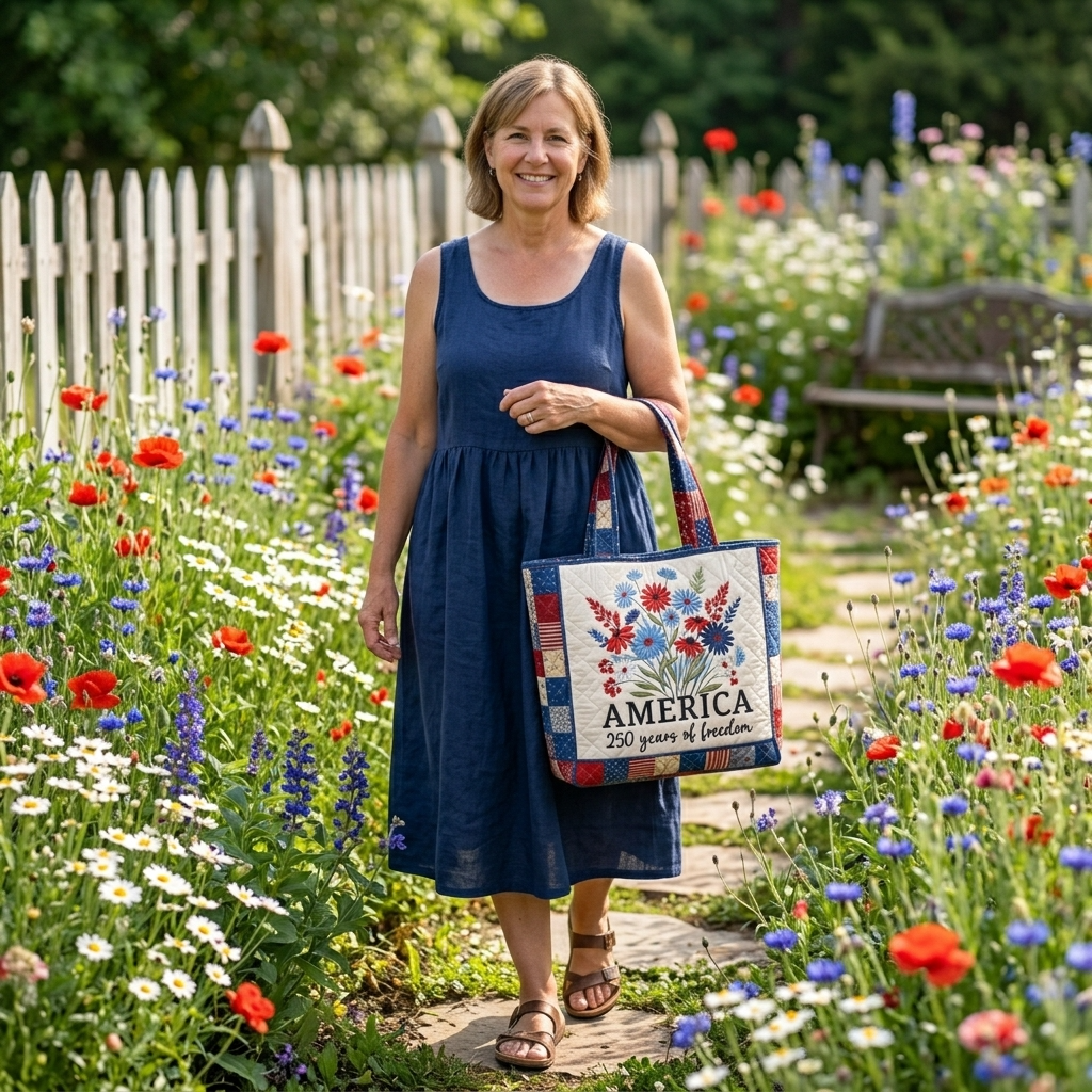 Patriotic Quilted Tote Bag with Flower Design for Her - Independence Day Gift