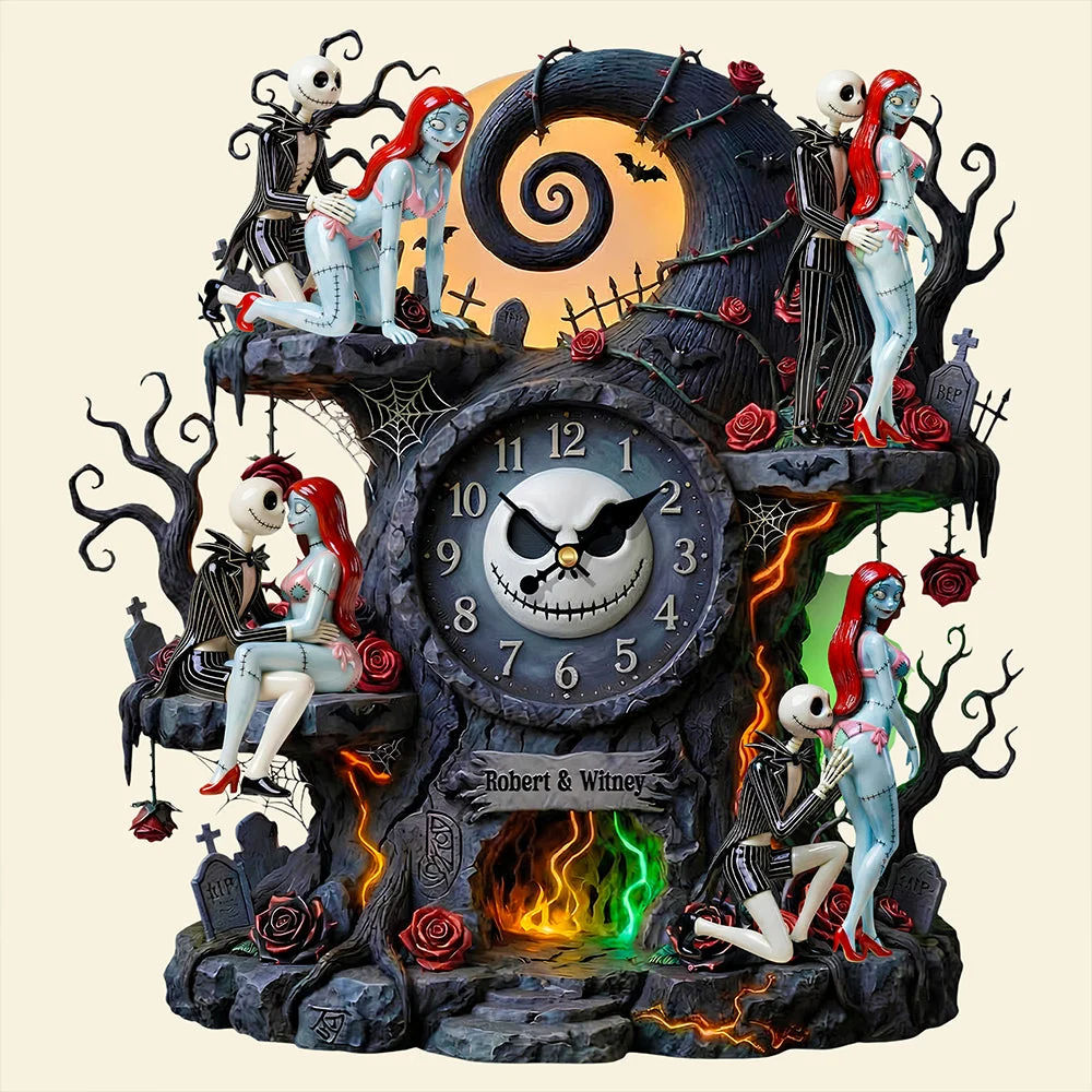 Personalized Spooky Couple Wall Hanging Clock Custom Name Gift for Halloween Wall Hanging Clock GradoCreations