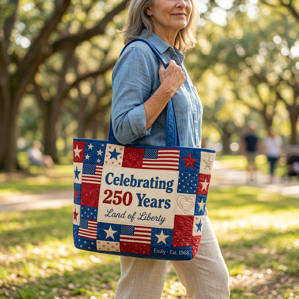 Personalized Quilted Tote Bag with Patriotic Design for Her - 250 Years Land of Liberty Gift