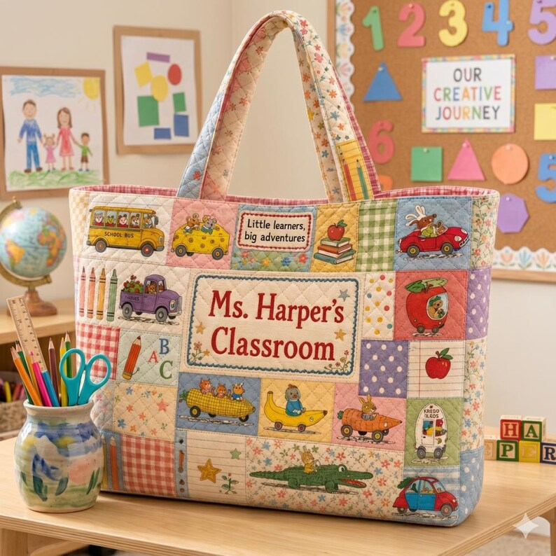 Personalized Quilted Tote Bag Custom Name Gift for Teacher
