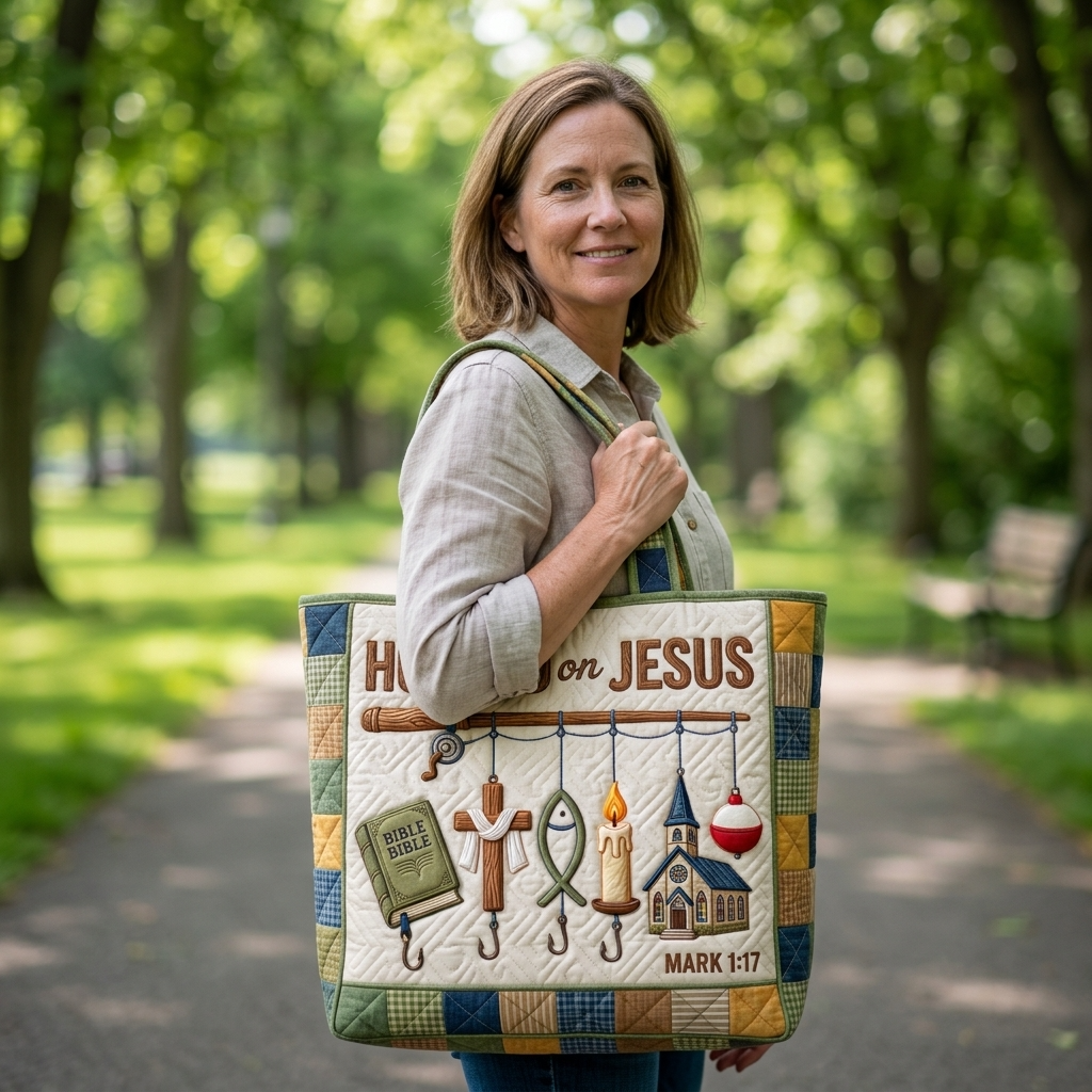 Quilted Tote Bag Hooked on Jesus Mark 1:17 Christian Gift for Fishermen