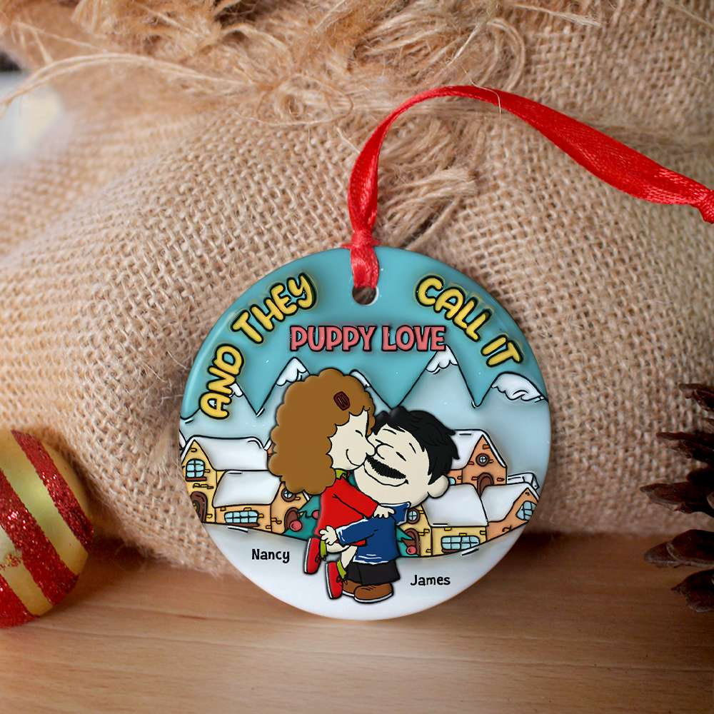 Personalized Christmas Puppy Love Ceramic Ornament Gift for Couples