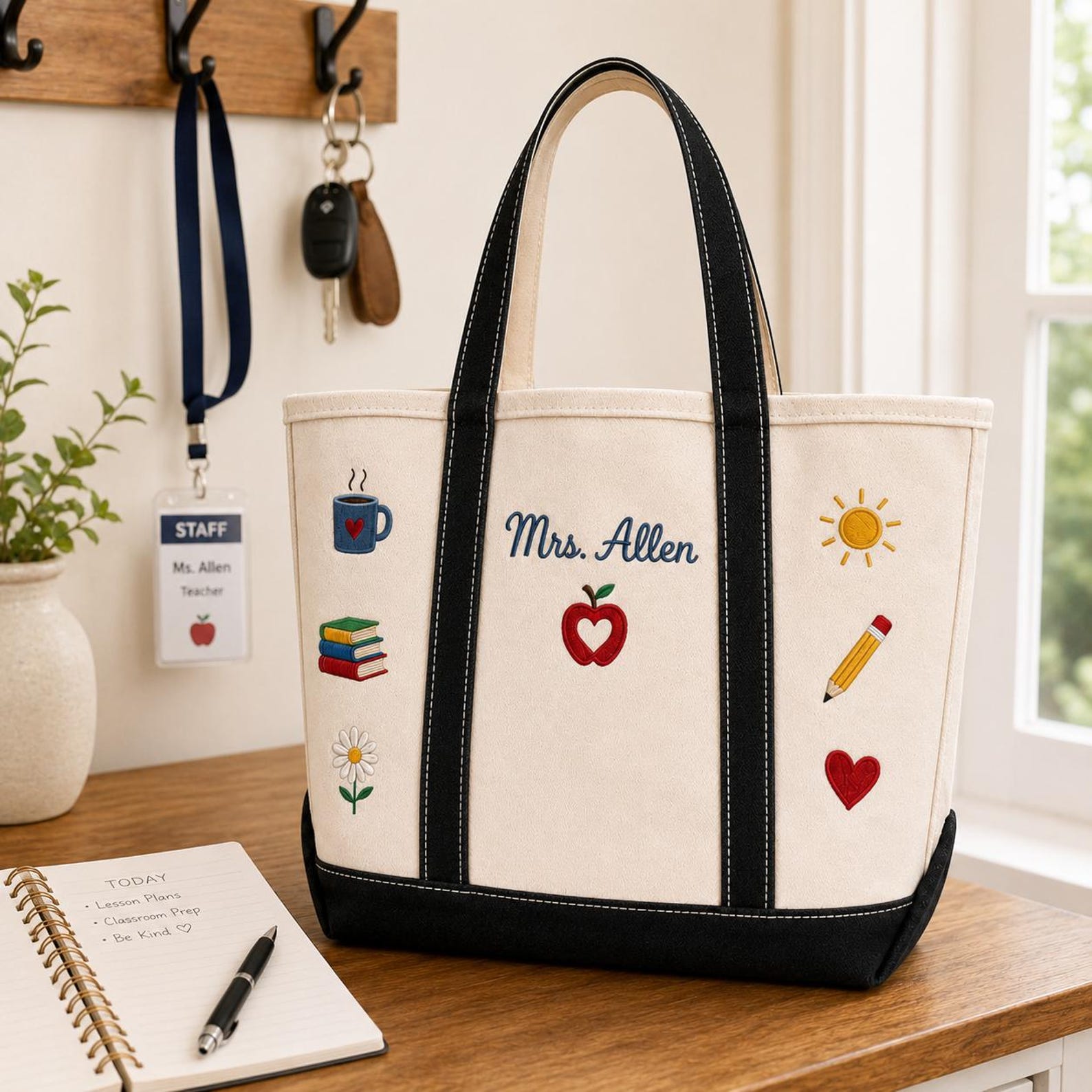 Personalized Teacher Tote Bag with Apple & Pencil Design Gift for Educators