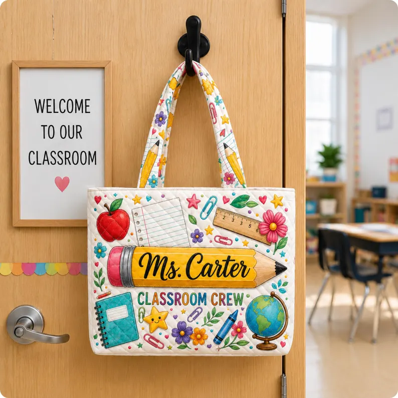Personalized Teacher Tote Bag with Apple & Pencil Design Gift for Educator