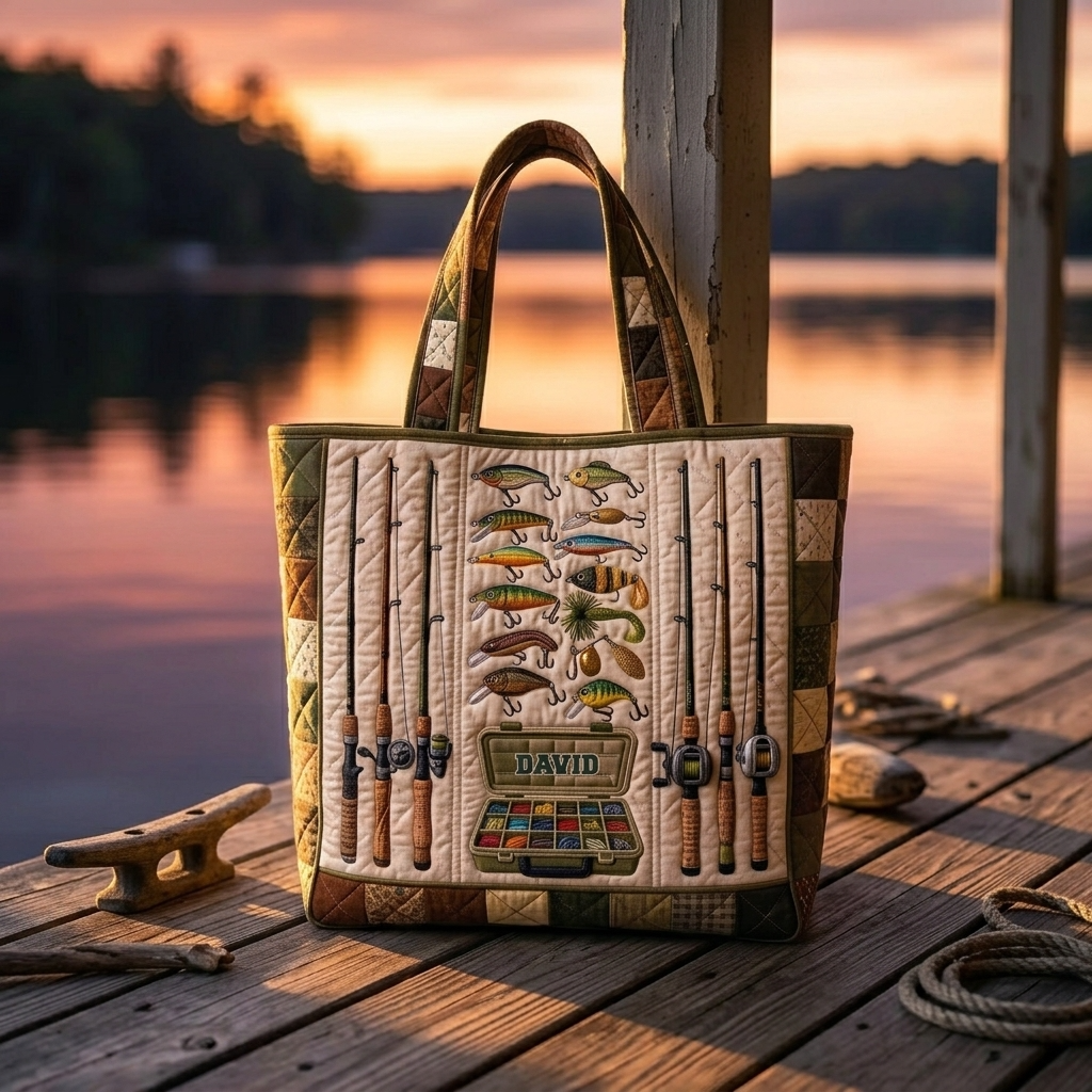 Personalized Fishing Tackle Box Quilted Tote Bag for Dad