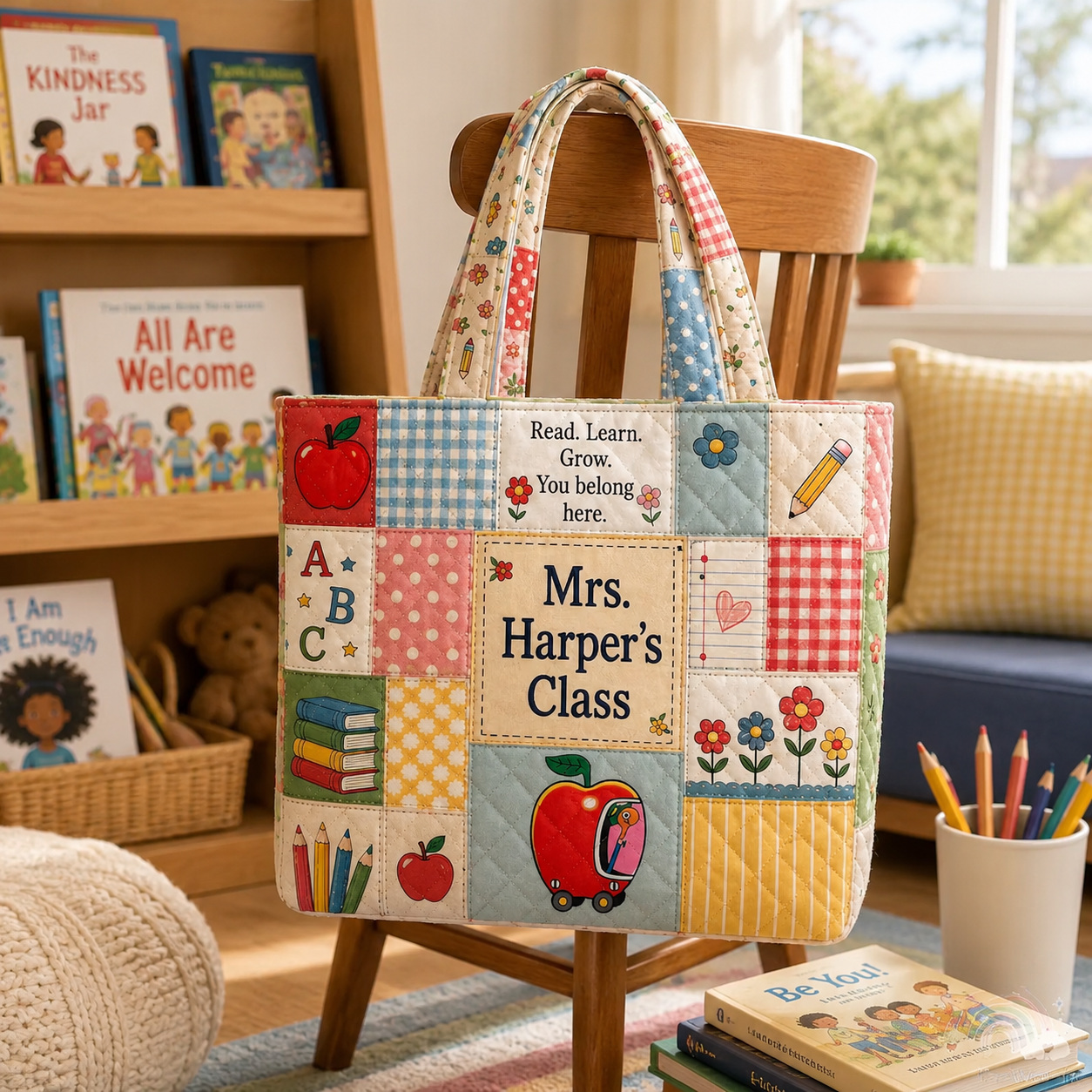 Personalized Quilted Tote Bag for Teachers with Custom Name and Apple Design