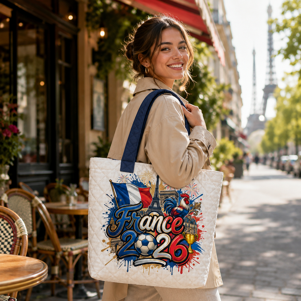 Quilted Tote Bag France Flag 2026 Soccer Cup Gift for Fans