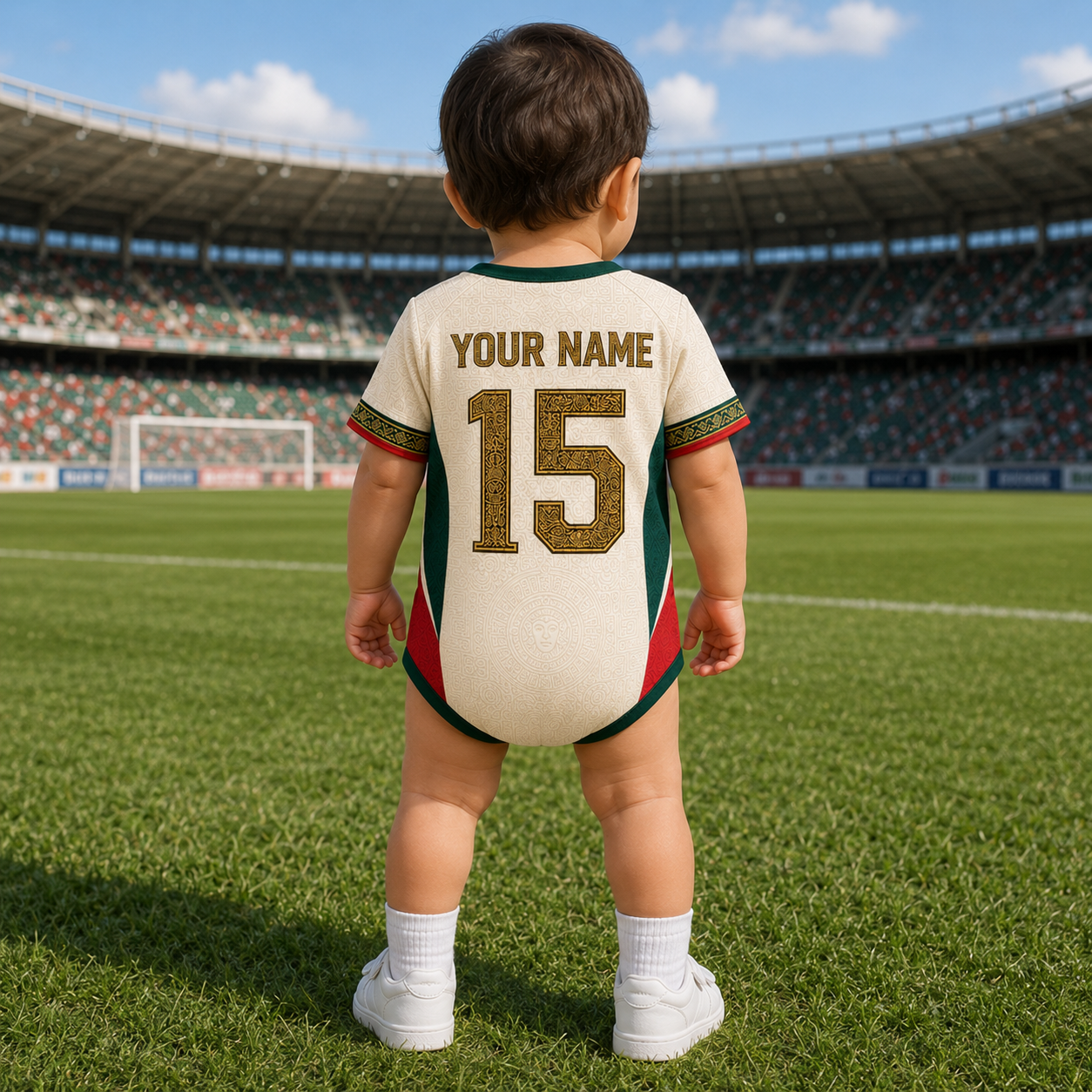 Personalized Mexico Aztec Sun Stone Baby Jersey Bodysuit Gift for New Moms, Dads, Soccer Lovers