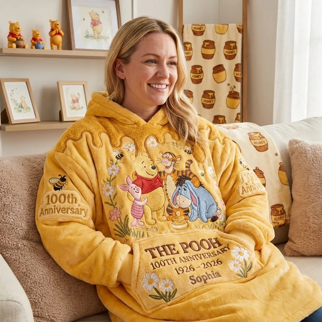 Personalized Pooh Bear 100th Anniversary Blanket Hoodie for Kids & Adults Blanket Hoodie GradoCreations