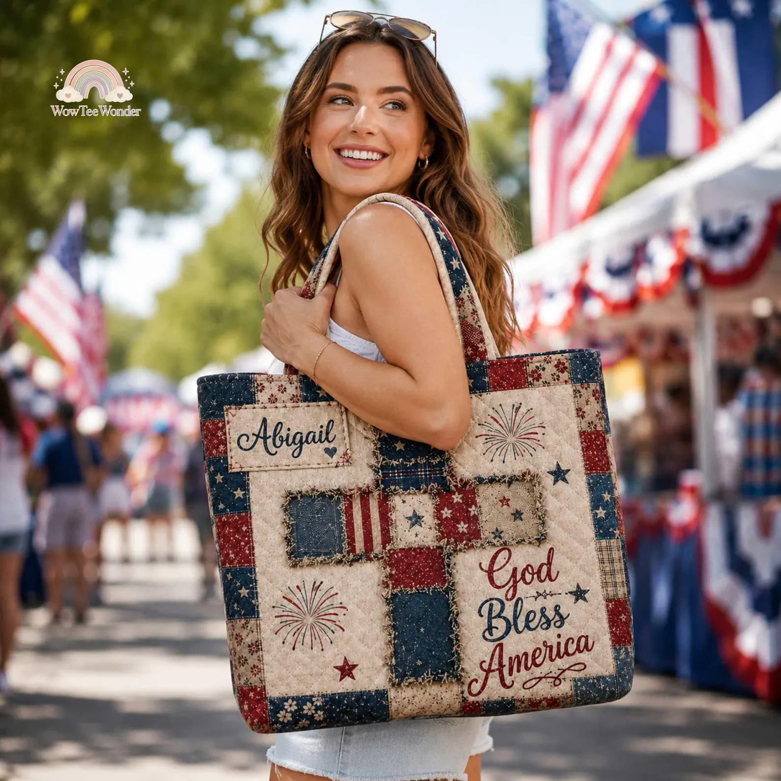Personalized Quilted Tote Bag American Flag Floral Gift for Patriots