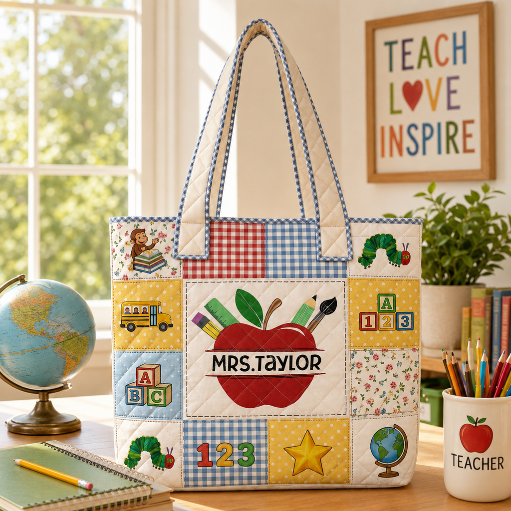 Personalized Quilted Tote Bag with Apple Pencil Design for Teacher