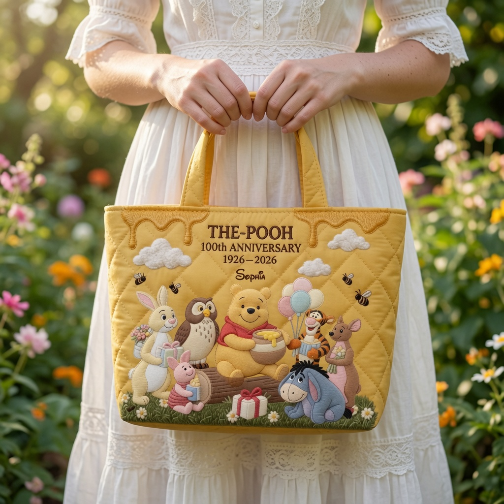 Personalized 100th Anniversary Winnie the Pooh Quilted Tote Bag Gift for Her