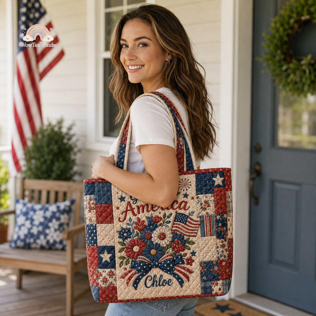 Personalized Patriotic Floral Quilted Tote Bag Gift for Patriots