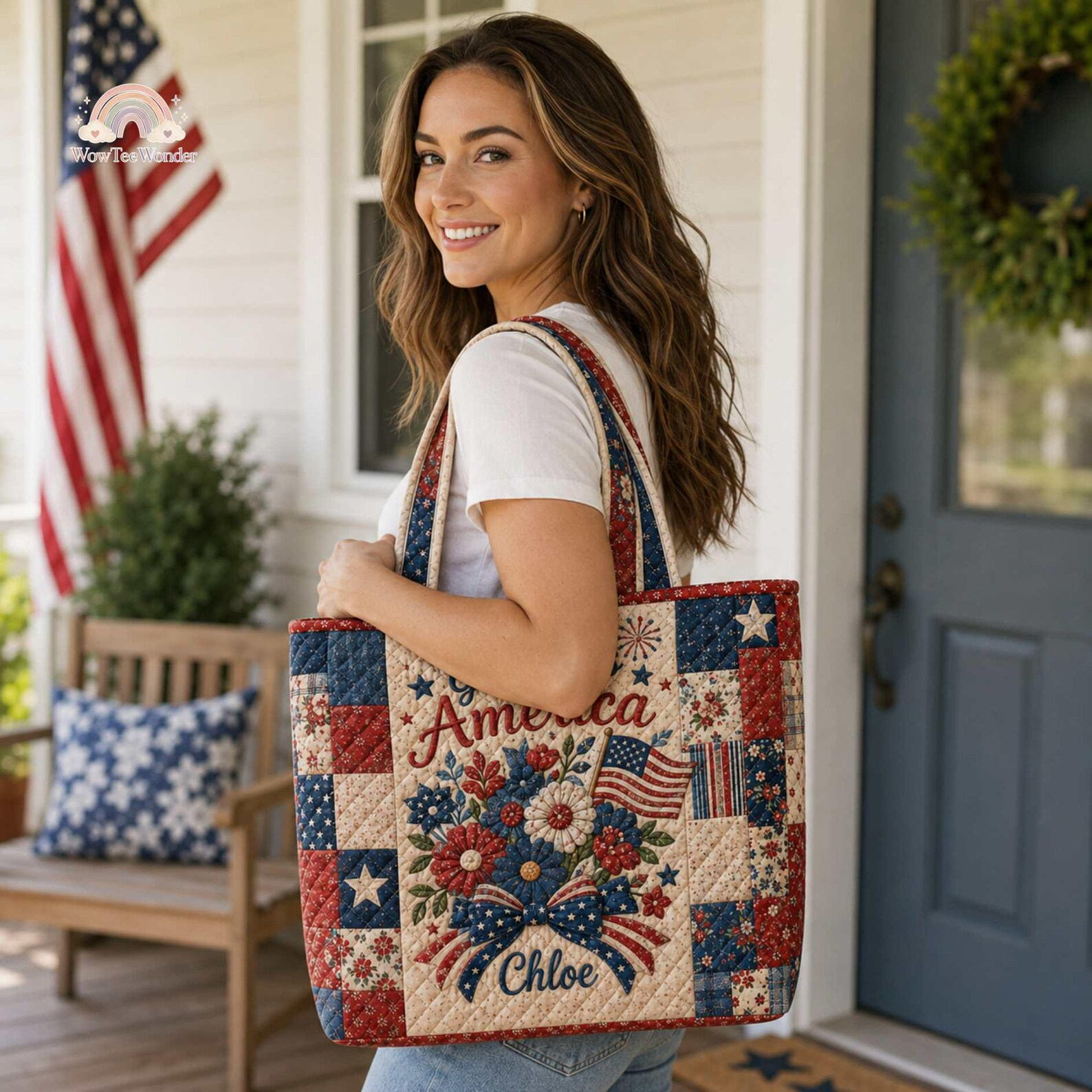 Personalized Patriotic Floral Quilted Tote Bag Gift for Patriots