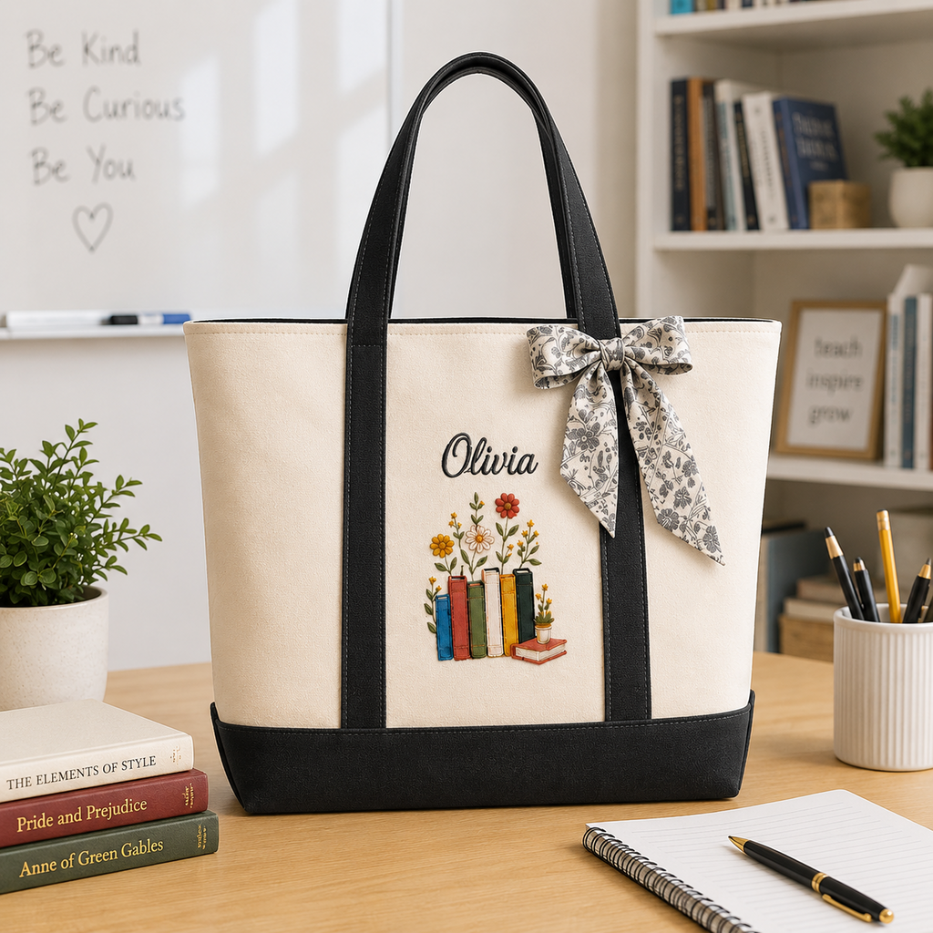 Personalized Embroidery Tote Bag for Teacher with Floral Design