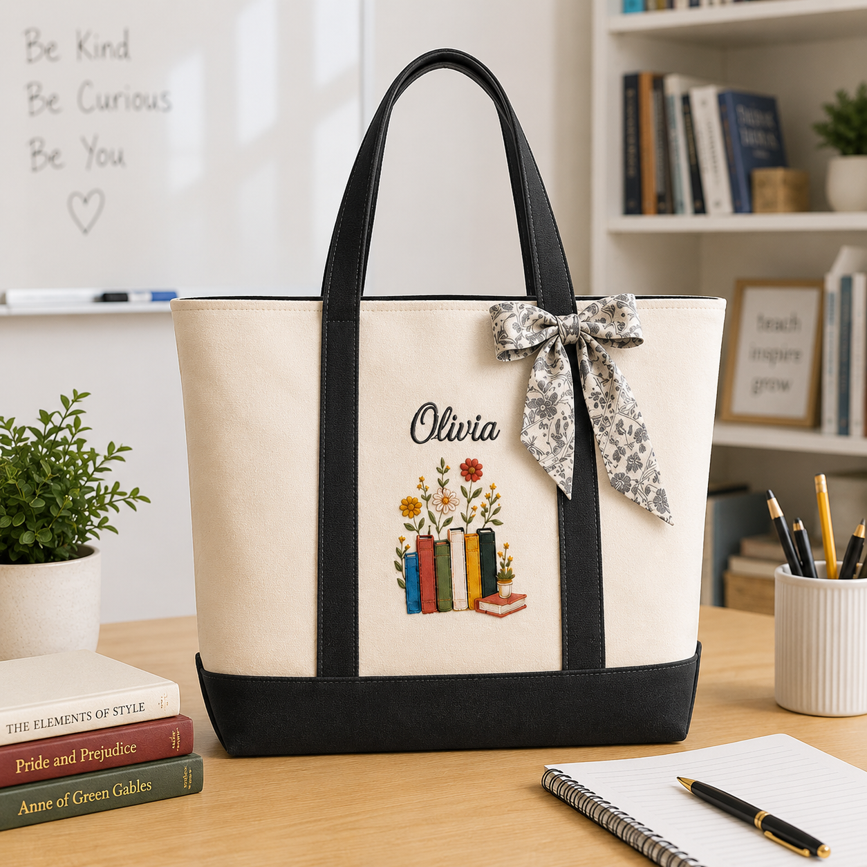Personalized Embroidery Tote Bag for Teacher with Floral Design