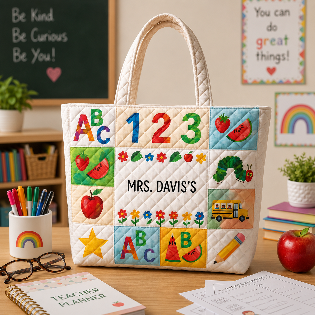 Personalized Quilted Tote Bag with ABC Design for Teachers - Custom Name Gift