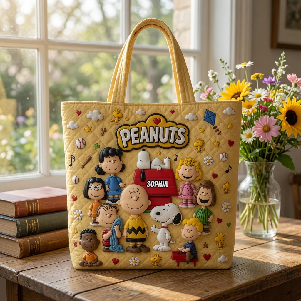 Personalized Peanuts Quilted Tote Bag Custom Name Gift for Her Quilted Tote Bag GradoCreations