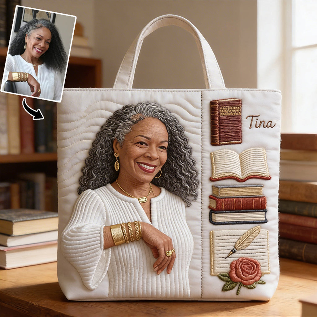 Personalized Quilted Tote Bag Photo Gift for Her - Book Lovers
