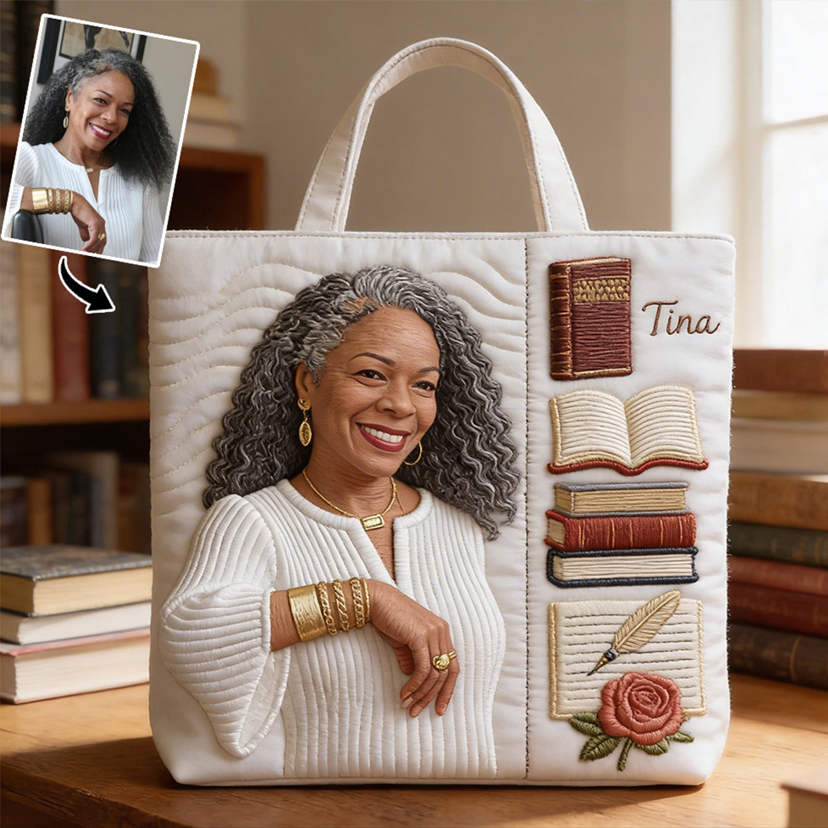 Personalized Quilted Tote Bag Photo Gift for Her - Book Lovers