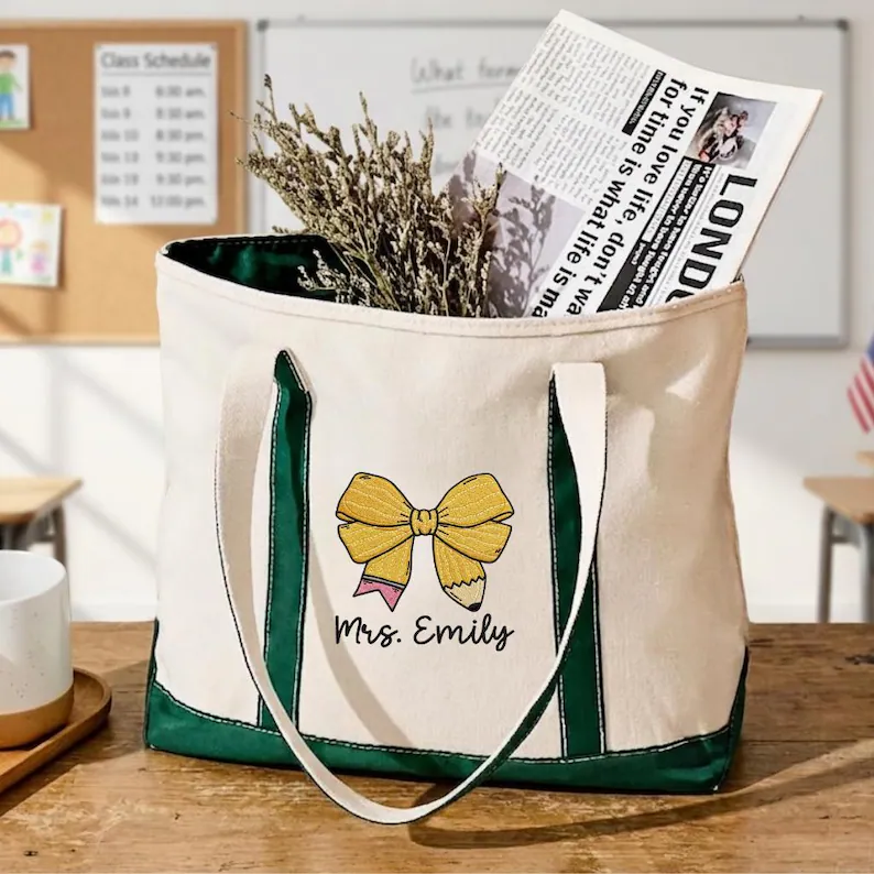 Personalized Embroidery Tote Bag with Teacher Bow Design Gift for Students