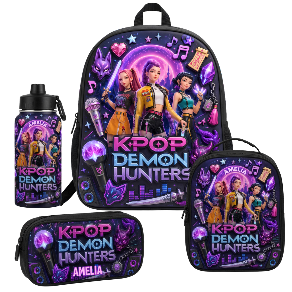 Personalized Cartoon Backpack Set for Girls with Lunch Bag, Pencil Case & Water Bottle - Back to School Gift School Bag+ GradoCreations