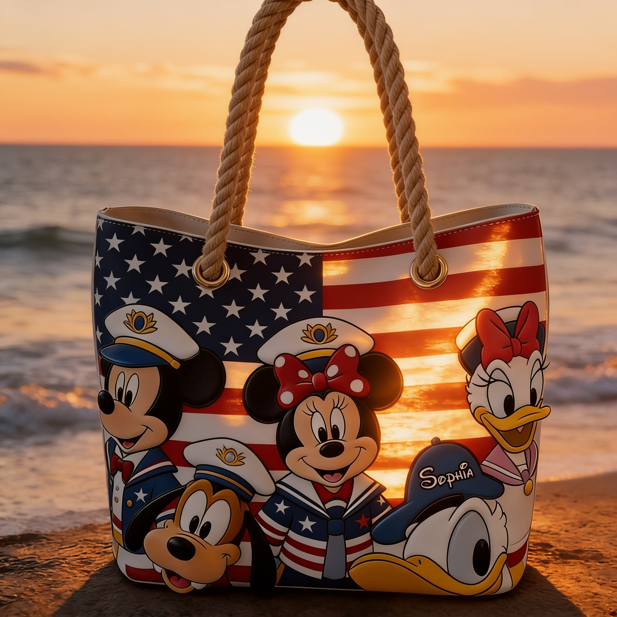 Personalized Beach Bag with USA Flag Design - Custom Vacation Gift for Movie Fans