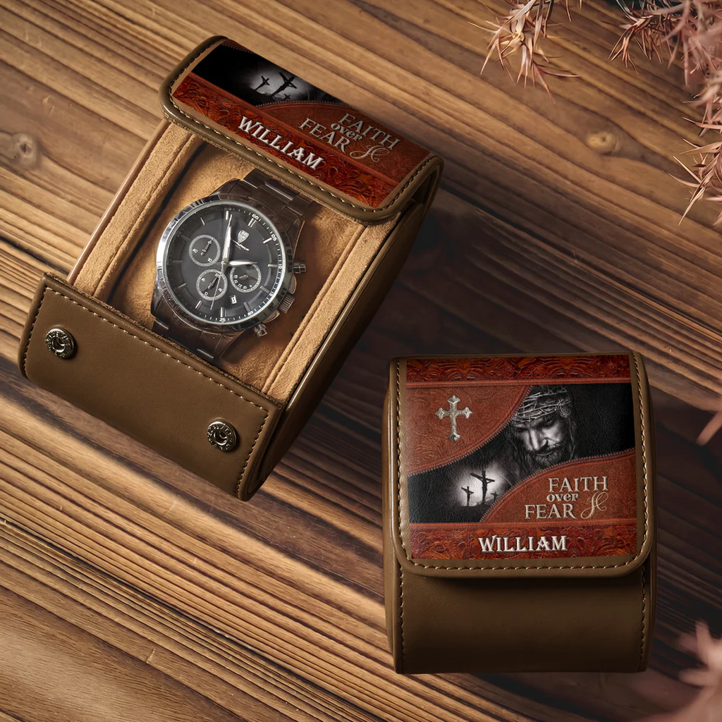 Personalized Leather Watch Case Faith Over Fear Gift for Dad