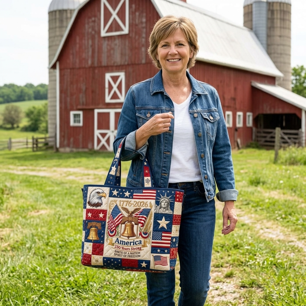 America 250 Years Strong Quilted Tote Bag - Patriotic Gift for Her