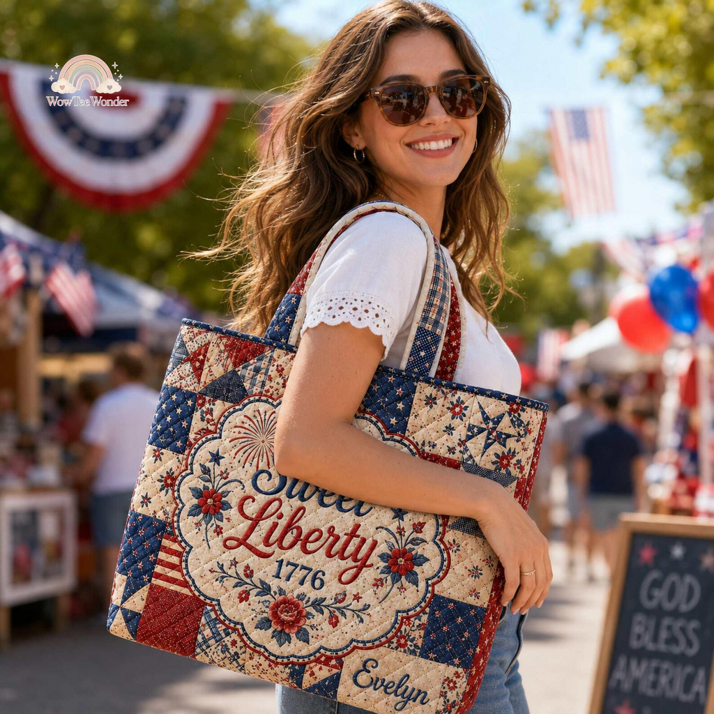Personalized Quilted Tote Bag USA Flag Sweet Liberty Gift