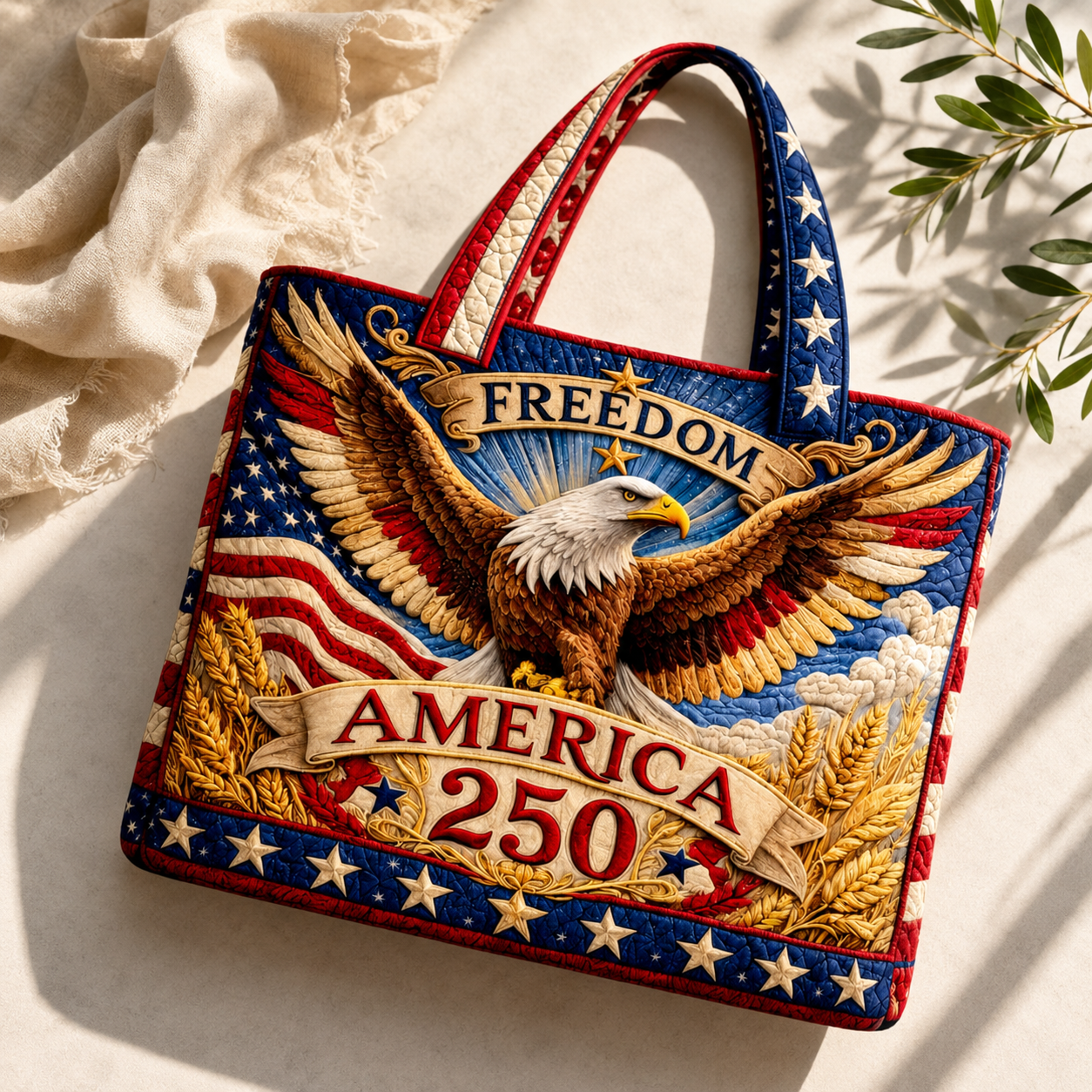 Patriotic Quilted Tote Bag with Bald Eagle Design Gift for Her