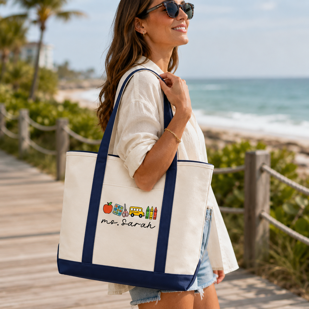 Personalized Embroidery Tote Bag with School Bus Design for Teacher