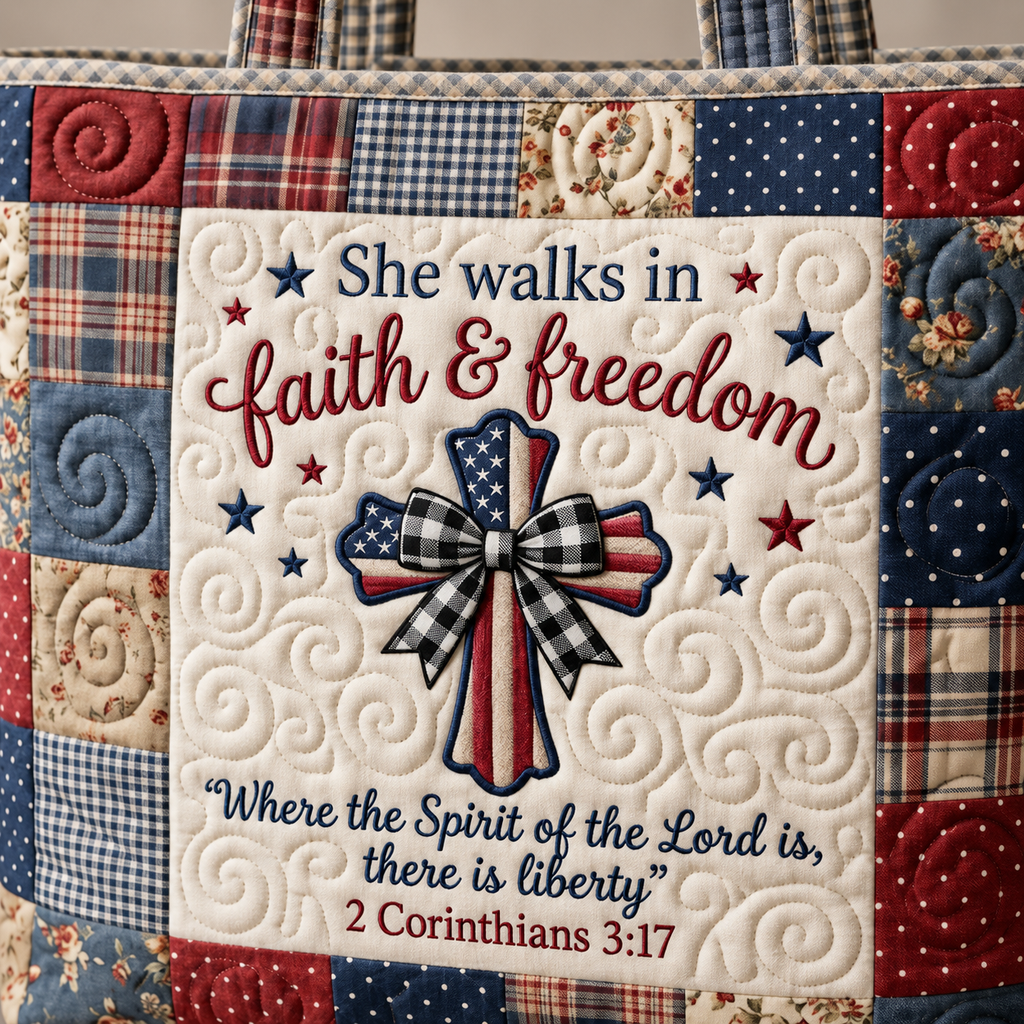 Personalized Patriotic Quilted Tote Bag with Bible Verse for Her